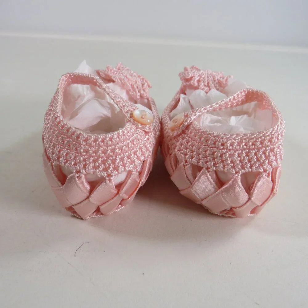 Baby Pink Ribbon Embroidered & Crocheted Shoes Newborn 3 3/4